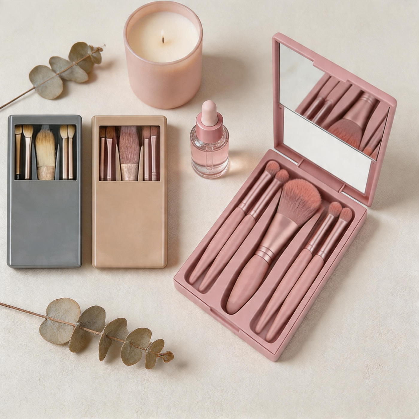 Set 5 Pennelli Trucco Portatili con Custodia e Specchio