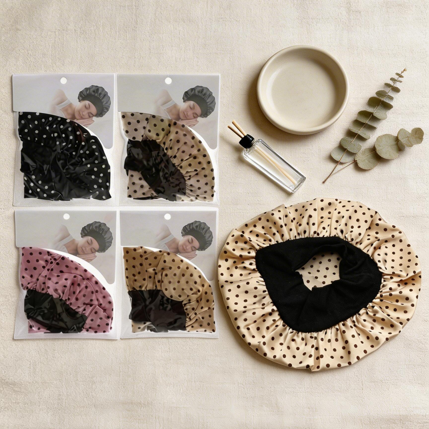 Cuffia da Notte Effetto Seta - Design Chic a Pois per Capelli Perfetti
