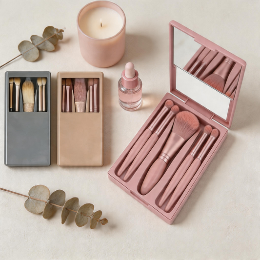 Set 5 Pennelli Trucco Portatili con Custodia e Specchio