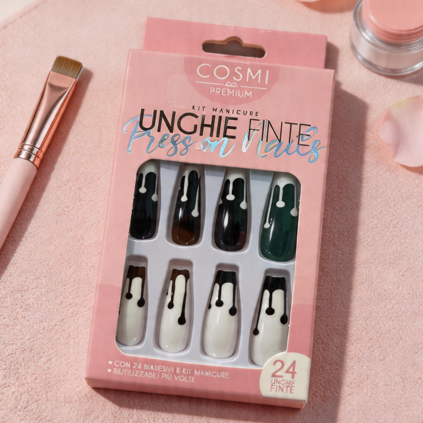 Unghie Finte Ballerina Lunghe - Design Drip Black & White