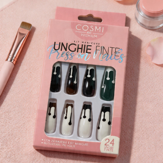 Unghie Finte Ballerina Lunghe - Design Drip Black & White