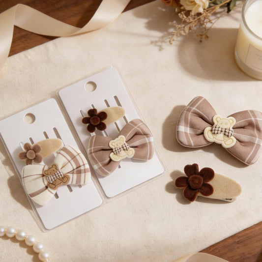 Set Fermagli per Capelli a Scacchi con Fiocco e Peluche