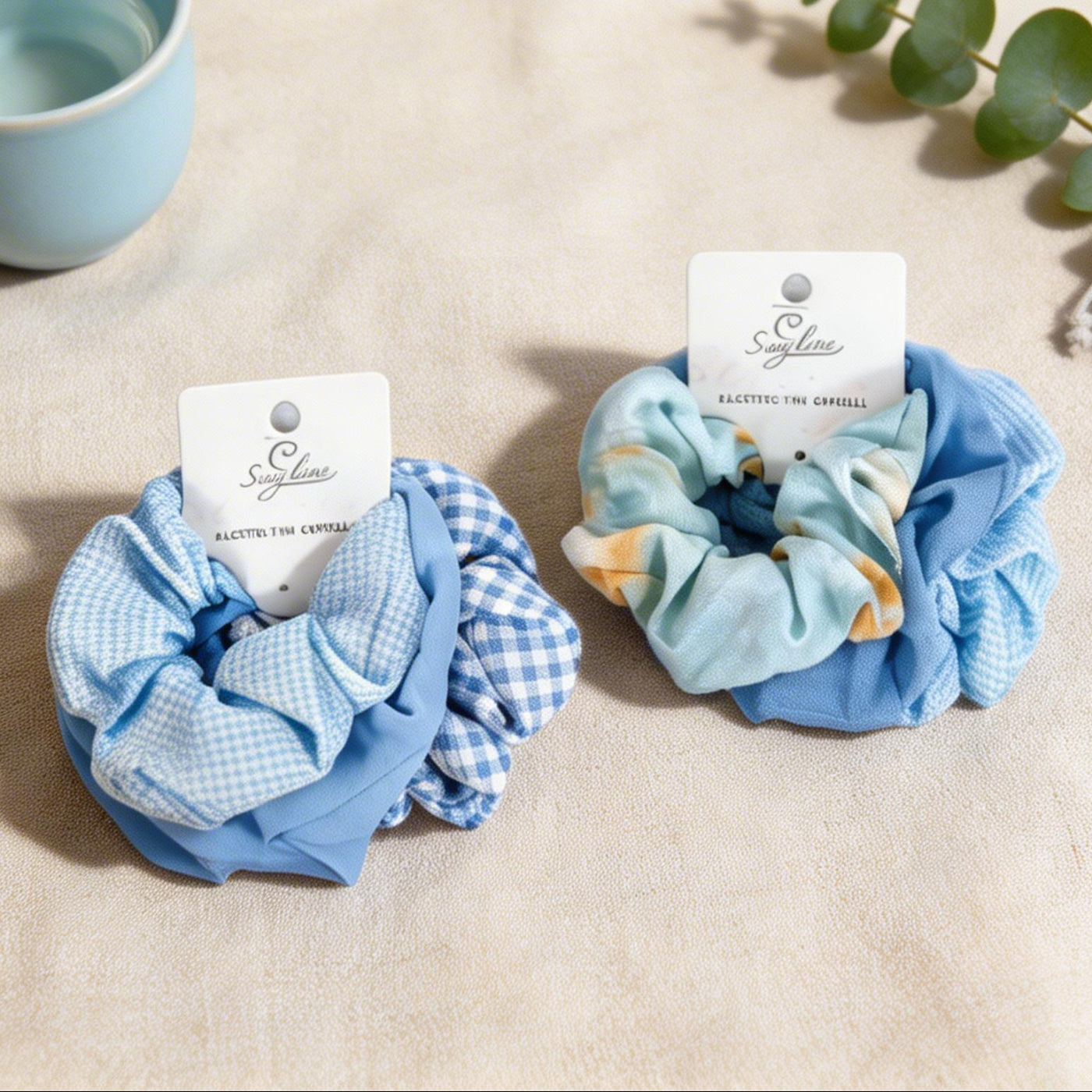 Set 3 Scrunchies Azzurri - Elastici Fantasia Vichy e Floreale